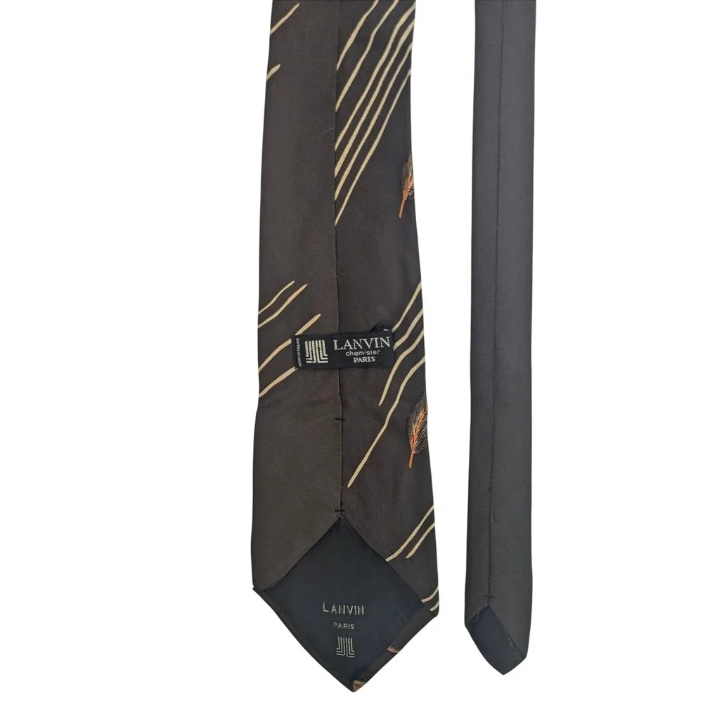 Vintage Lanvin Paris 70s Silk‎ Dark Brown Tie Feather Geometric Pattern France